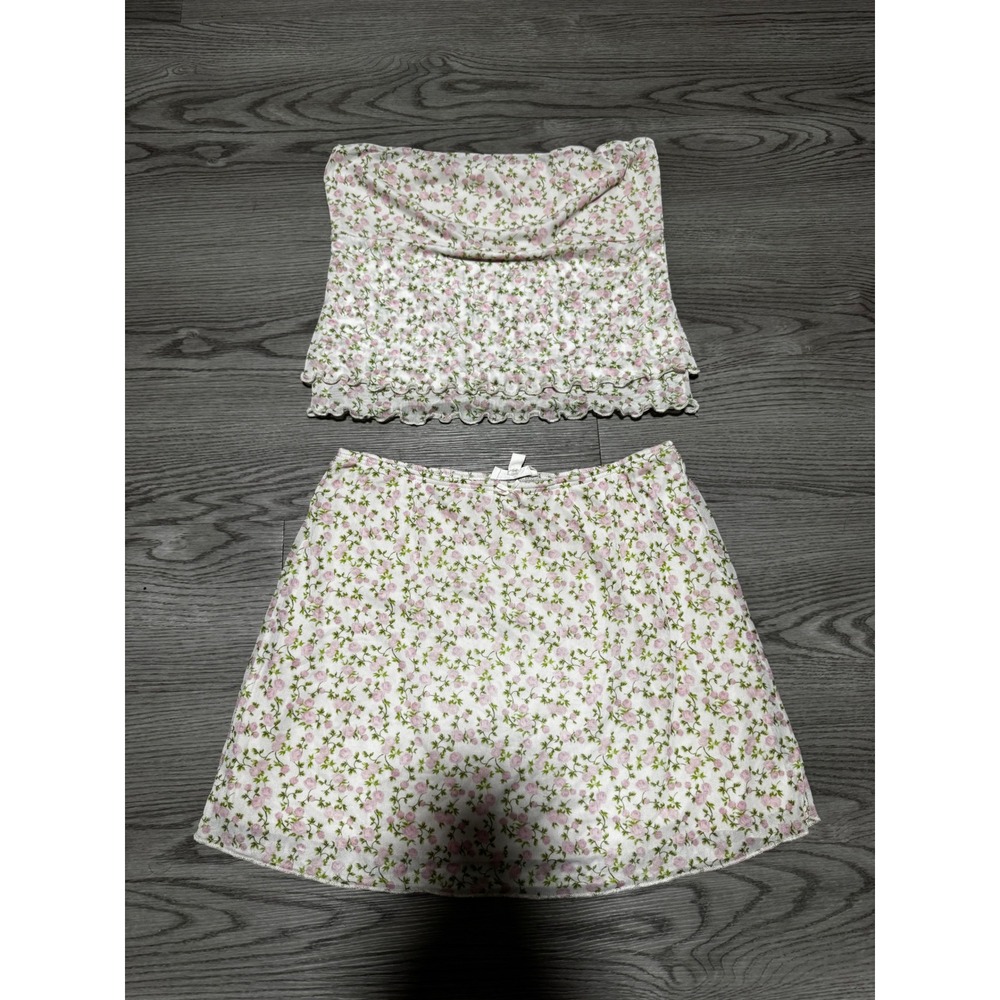 See You Monday Floral Mesh Two Piece Set Pink Rose Tube Top Mini Skirt Large